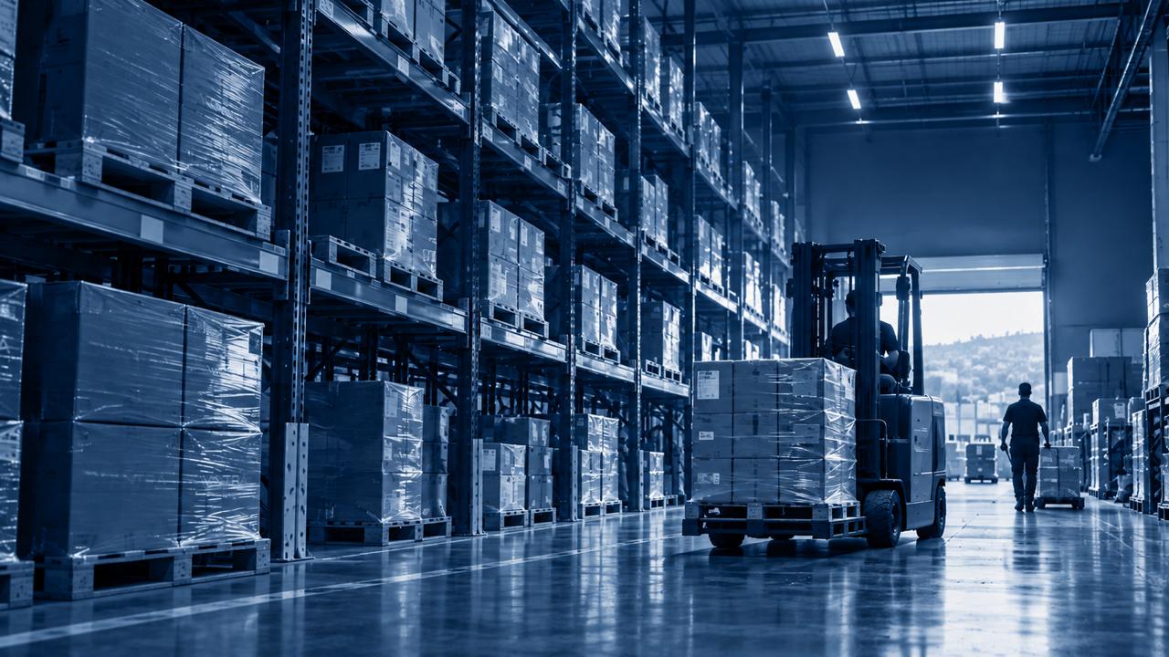 Forklift moving goods through a distribution warehouse