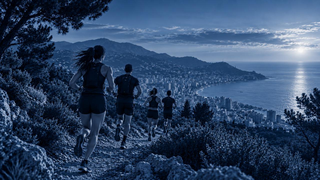 Trail runners moving along a rocky ridge above a coastal city at sunrise